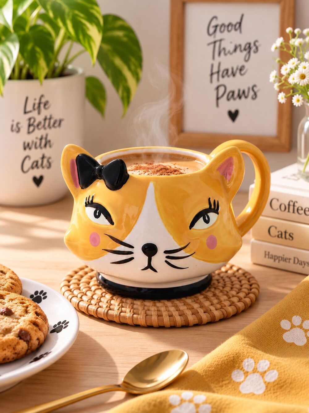 Home Essentials Yellow Cat Face Mug with Black Bow Ceramic Coffee Cup 4" Cute